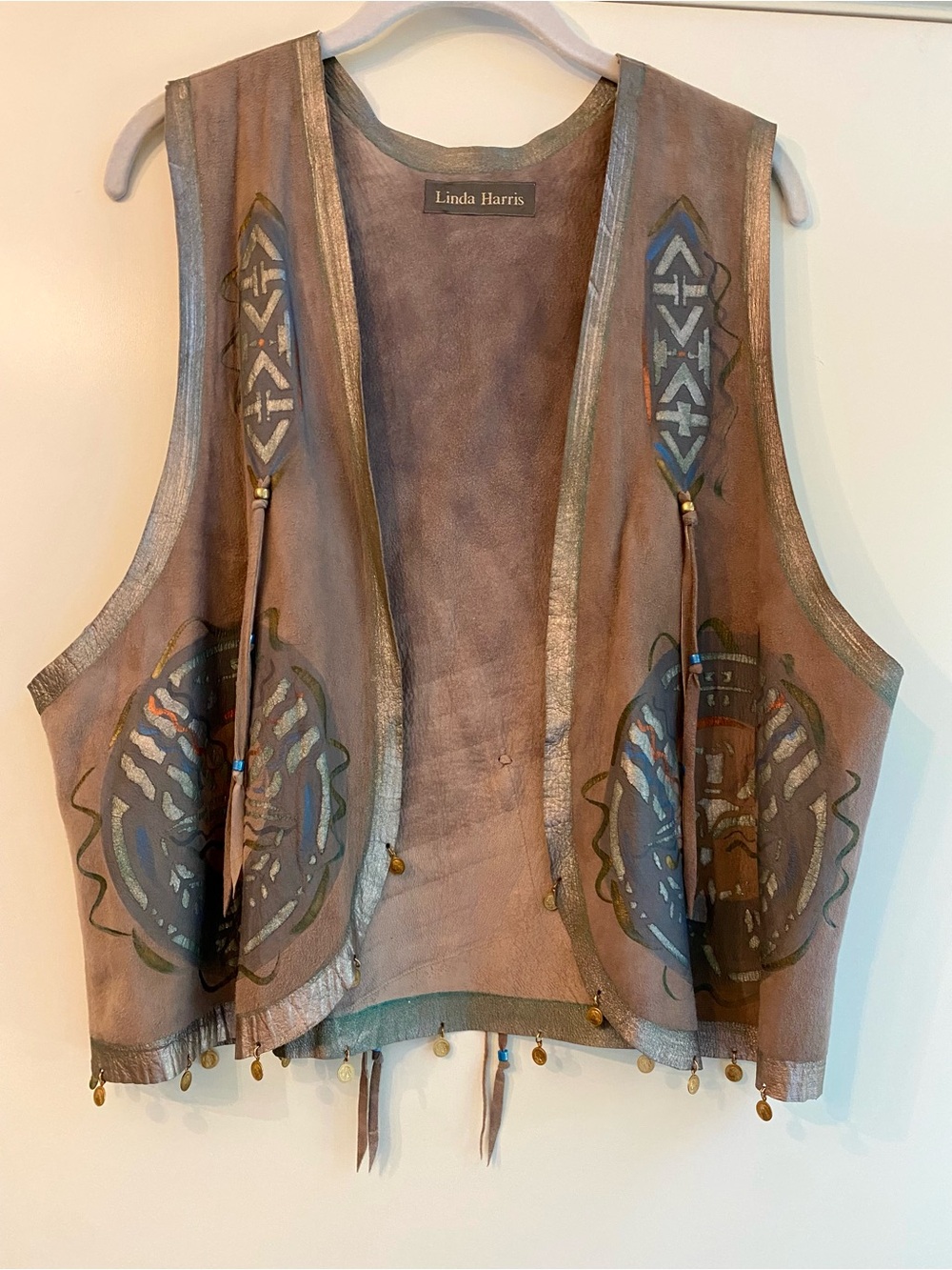 Women's Hand-Painted Brown Leather Vest with Coin Trim